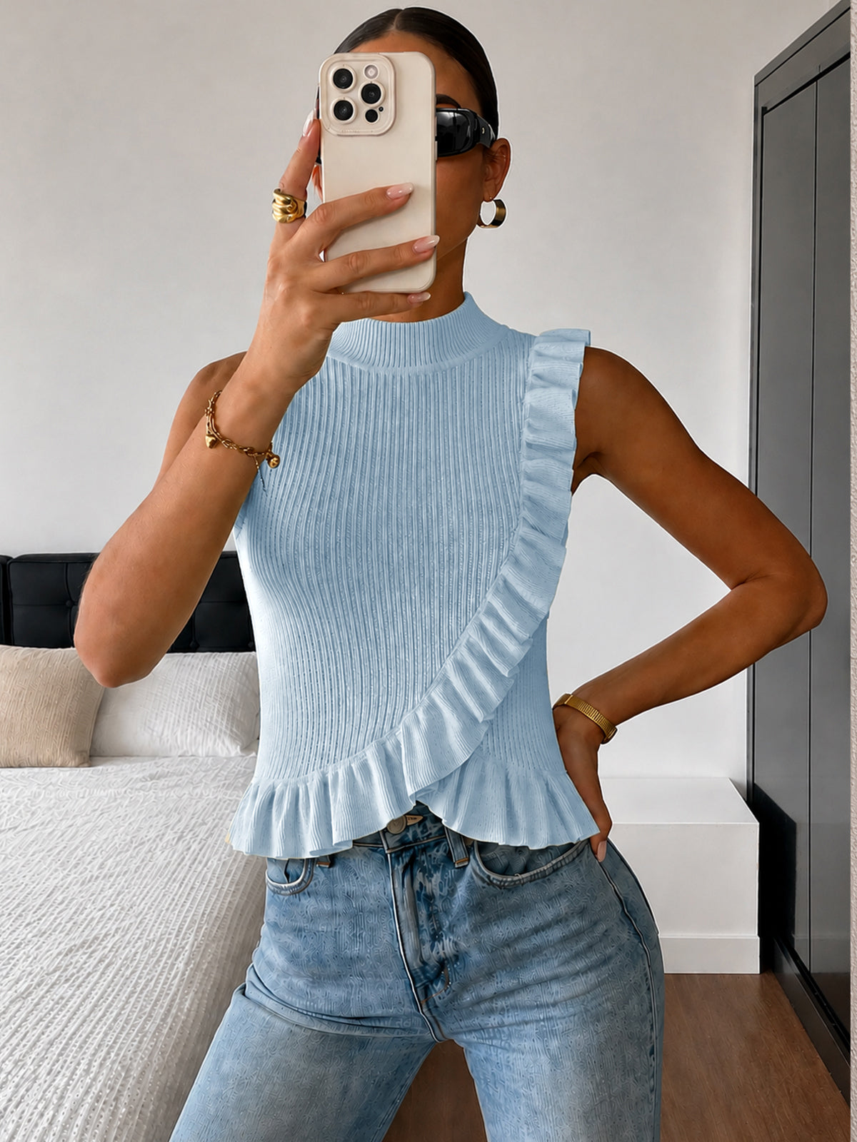 Ribbed High Neck Ruffle Sleeveless Top - Women's Casual Fashion Essential