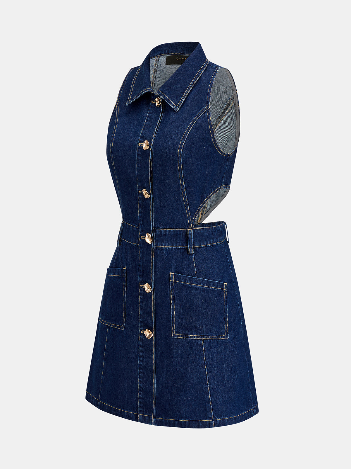Cutout Waist Sleeveless Denim Mini Dress with Button Detail