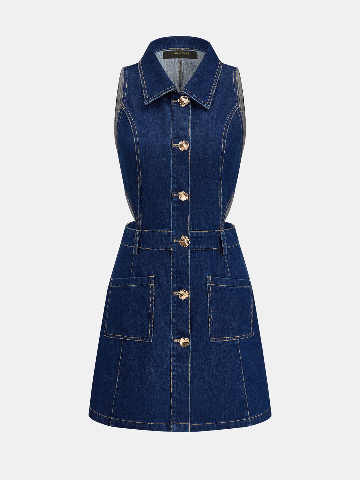 Cutout Waist Sleeveless Denim Mini Dress with Button Detail