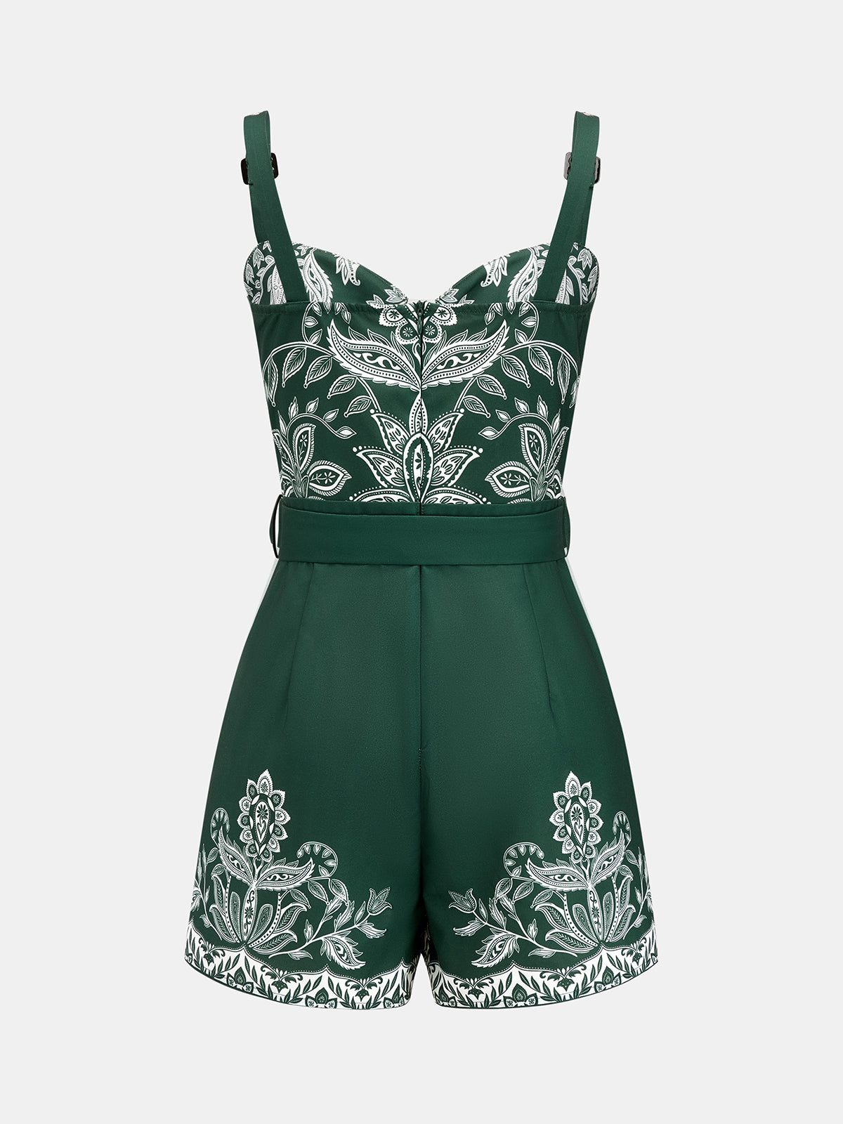 Paisley Print Belted Romper with Pockets and V-Neck Design