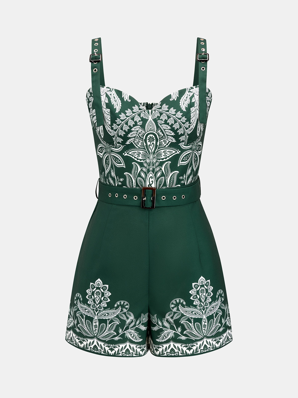 Paisley Print Belted Romper with Pockets and V-Neck Design