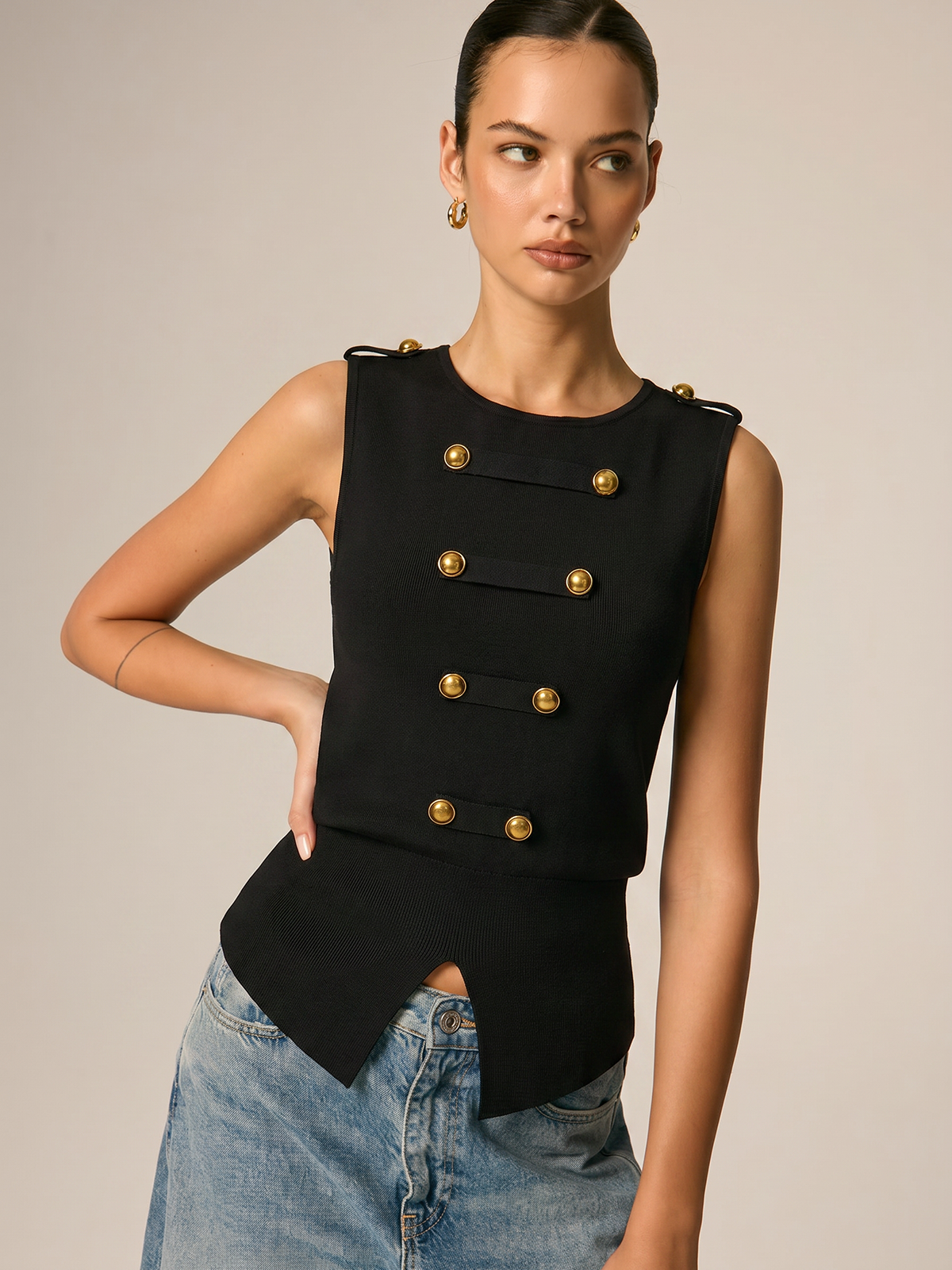Metal Detail Napoleon Style Knit Vest with Elegant Button Accents