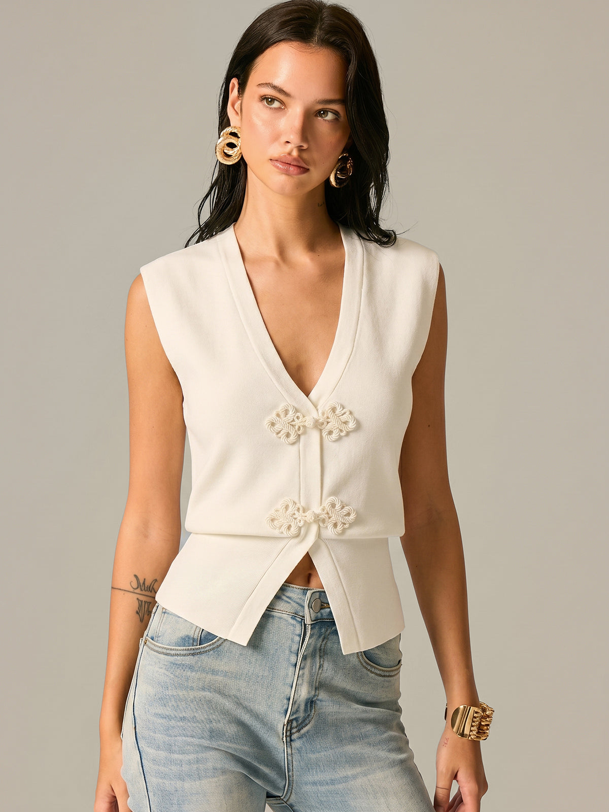 Frog Button V Neck Knit Vest Stylish Casual Layering Piece