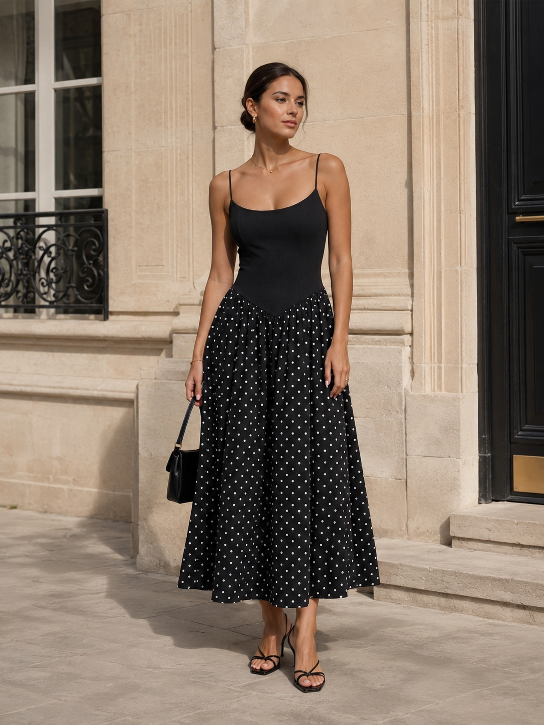 Contrast Bodice Polka Dot Dress with Ruffled Sleeves and Hem