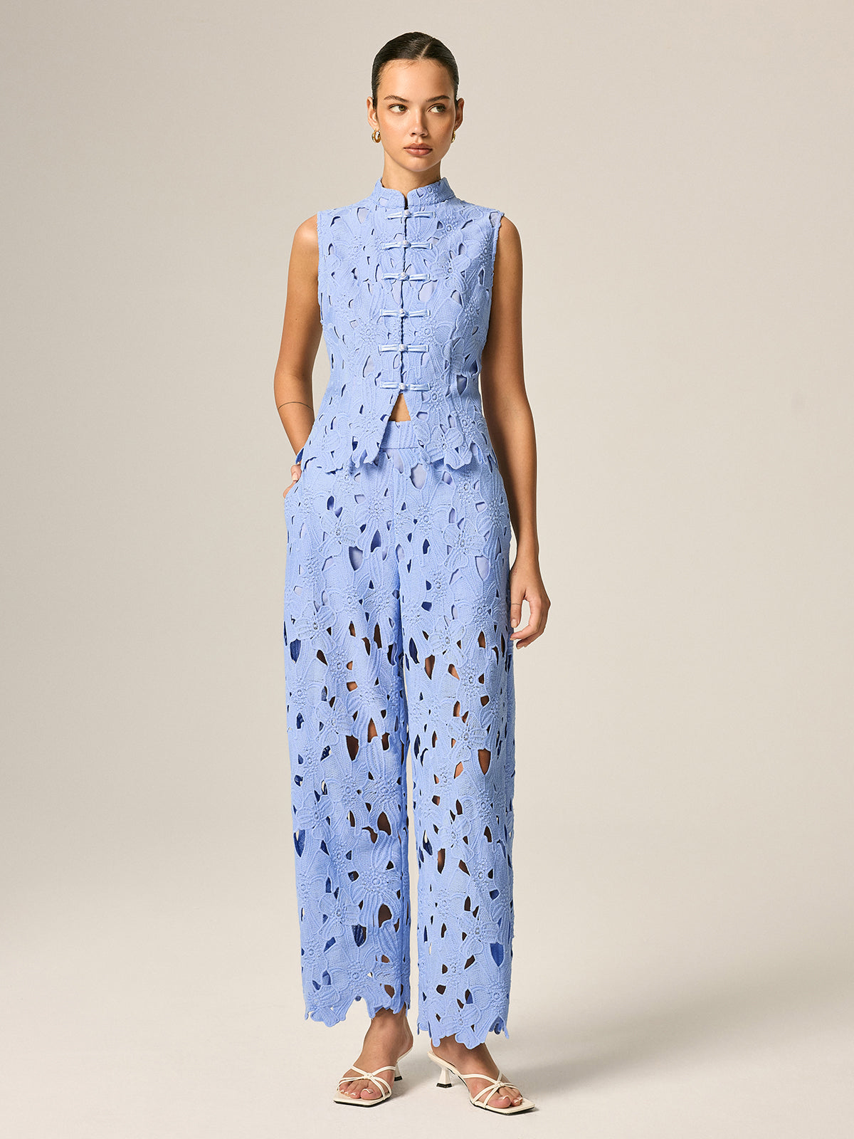 Frog Button Guipure Lace Vest & Pants Set for Elegant Occasions