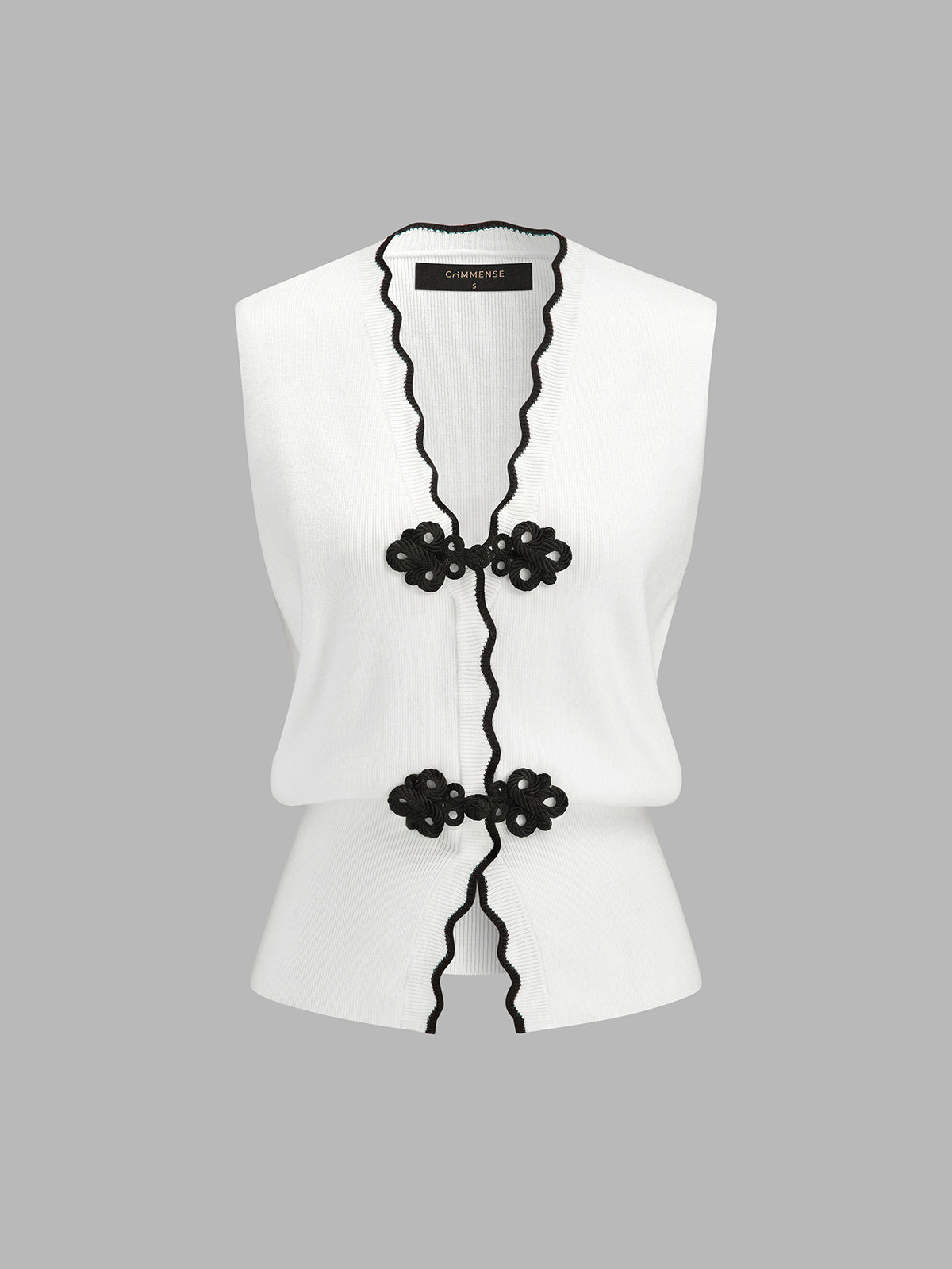 Frog Button Wave Trim Sleeveless Knit Vest Lightweight Casual Style