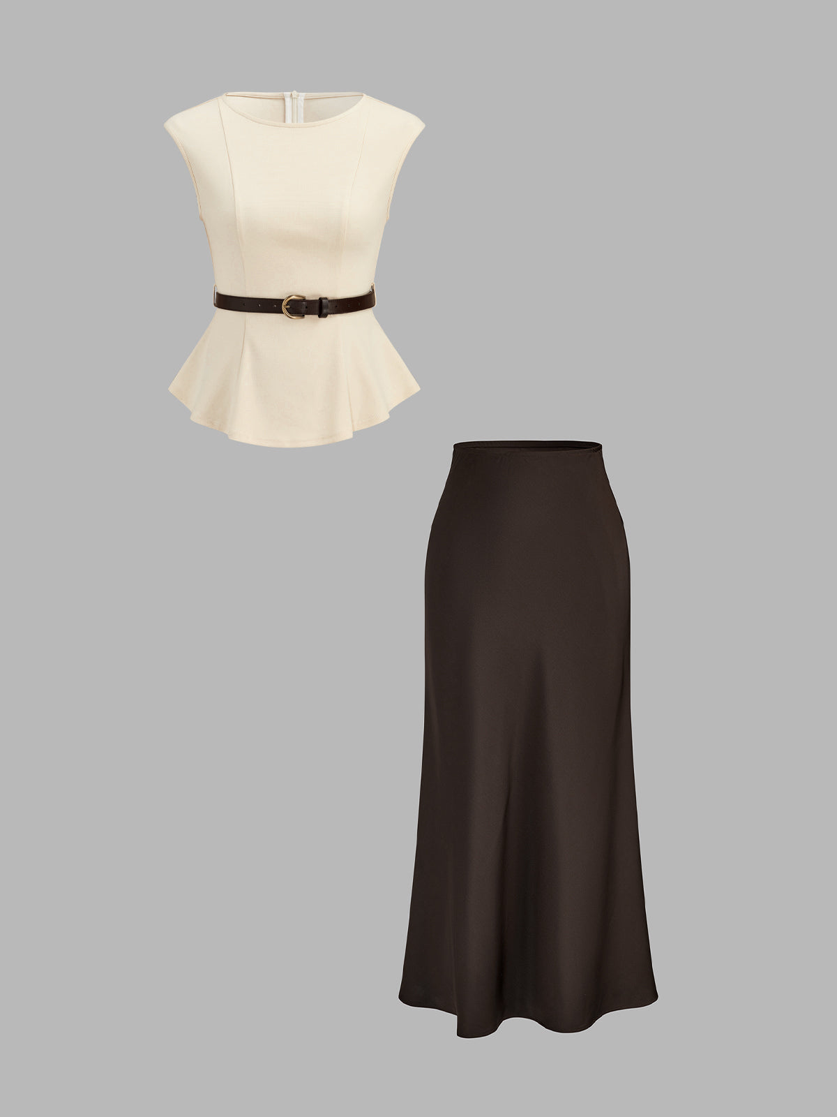 Belted Peplum Top & Satin Midi Skirt Set, Elegant Formal Women's Wear