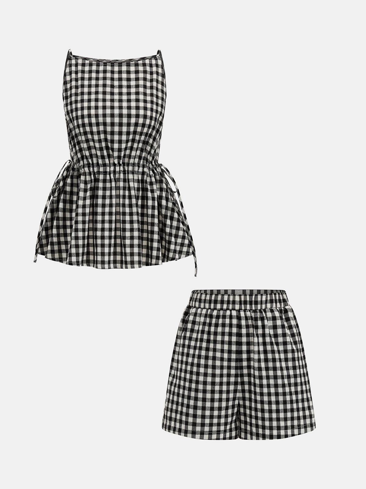 Gingham Drawstring Peplum Top & Shorts Set for Women Casual Summer Outfit