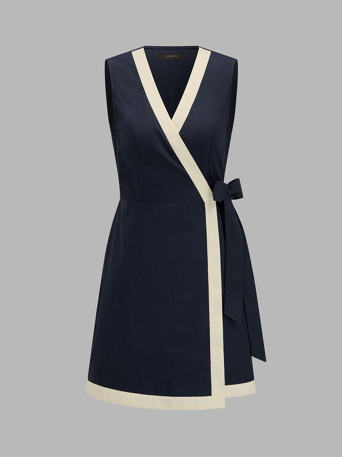 Contrast Trim Wrap Tie Sleeveless Cotton Dress with Side Pockets and V-Neckline