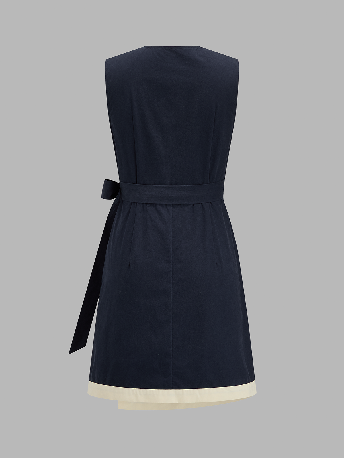 Contrast Trim Wrap Tie Sleeveless Cotton Dress with Side Pockets and V-Neckline