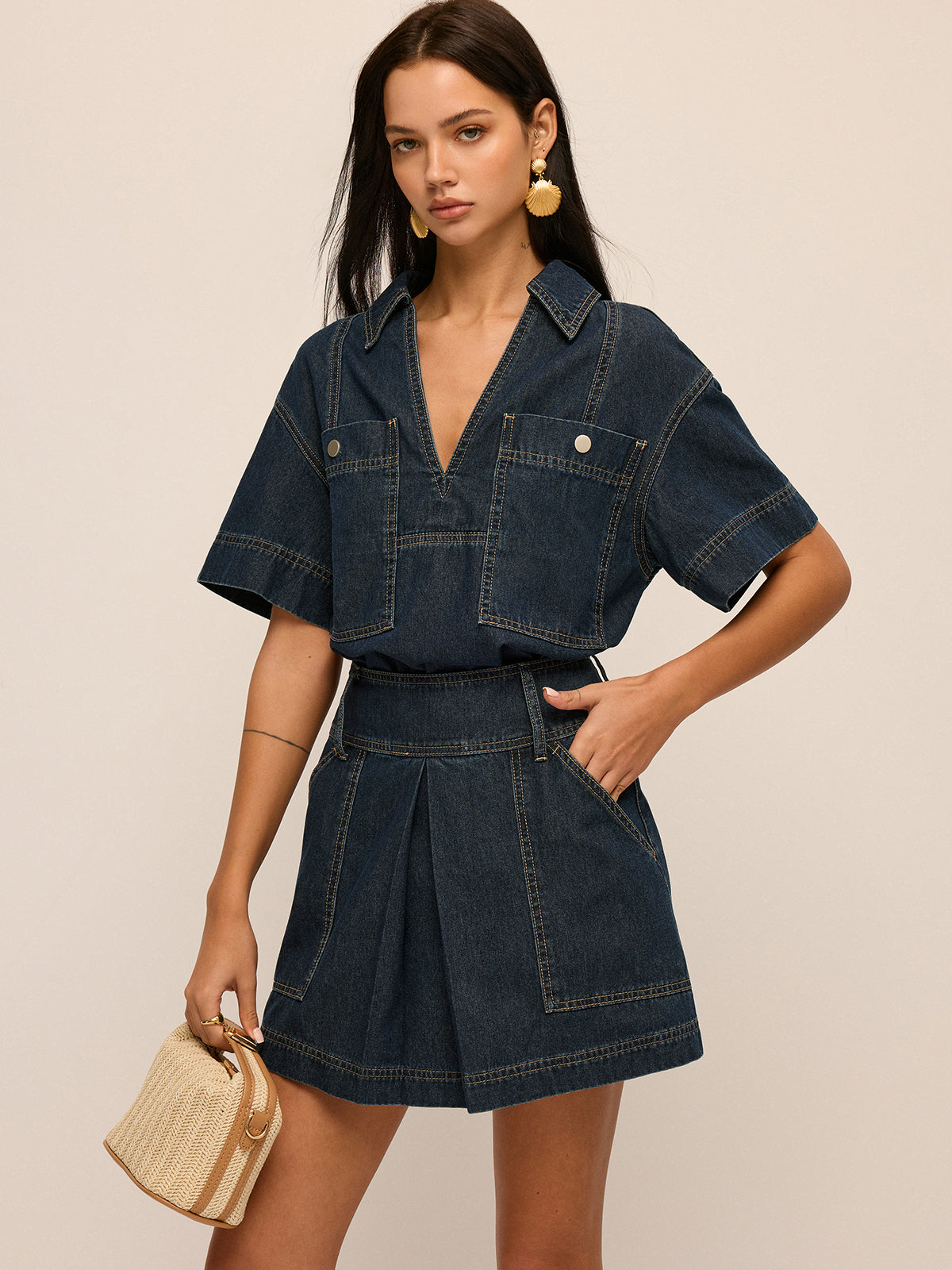 Short Sleeve Denim Blouse & Mini Skirt Set for Women Casual Summer