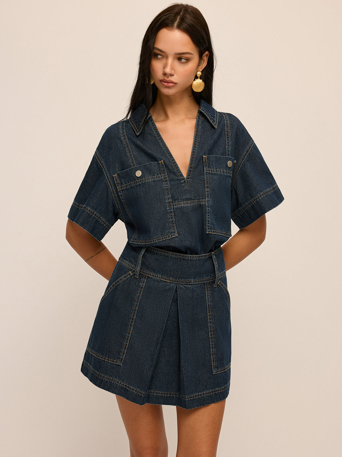 Short Sleeve Denim Blouse & Mini Skirt Set for Women Casual Summer