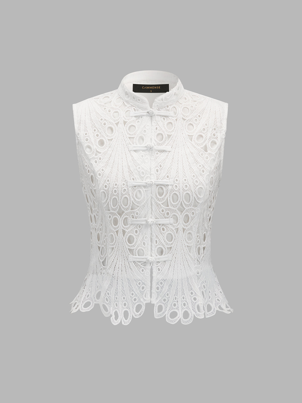 Mandarin Collar Guipure Lace Vest Top Sleeveless Elegant Design