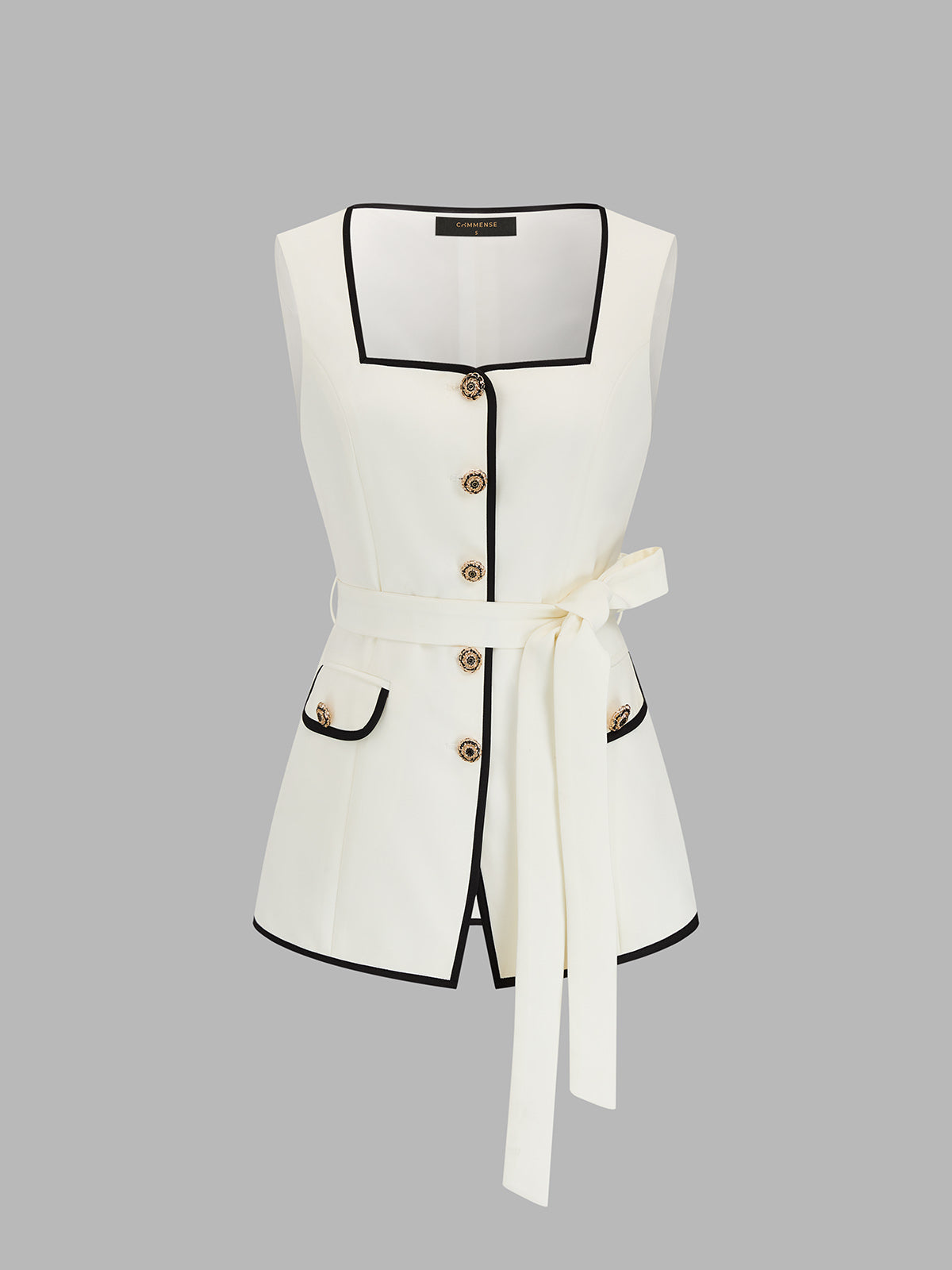 Square Neck Belted Contrast Trim Versatile Layering Vest for Women