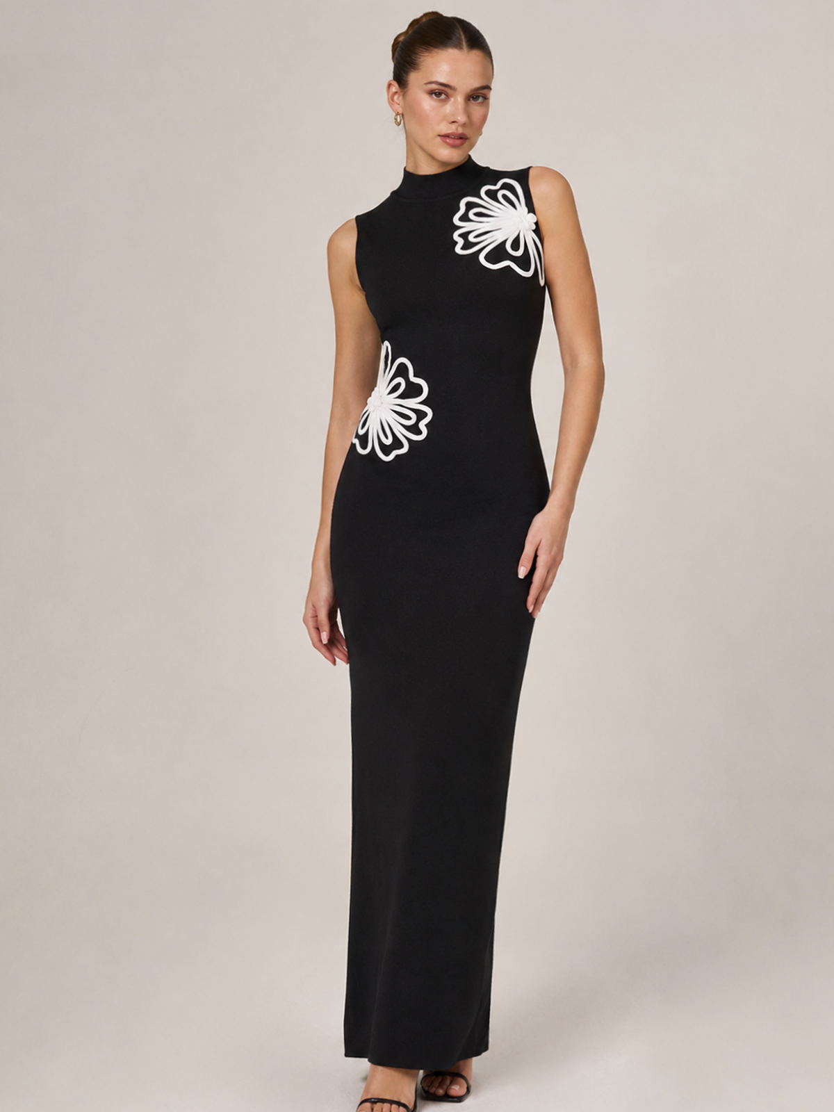 High Neck Floral Applique Knit Maxi Dress for Elegant Evenings