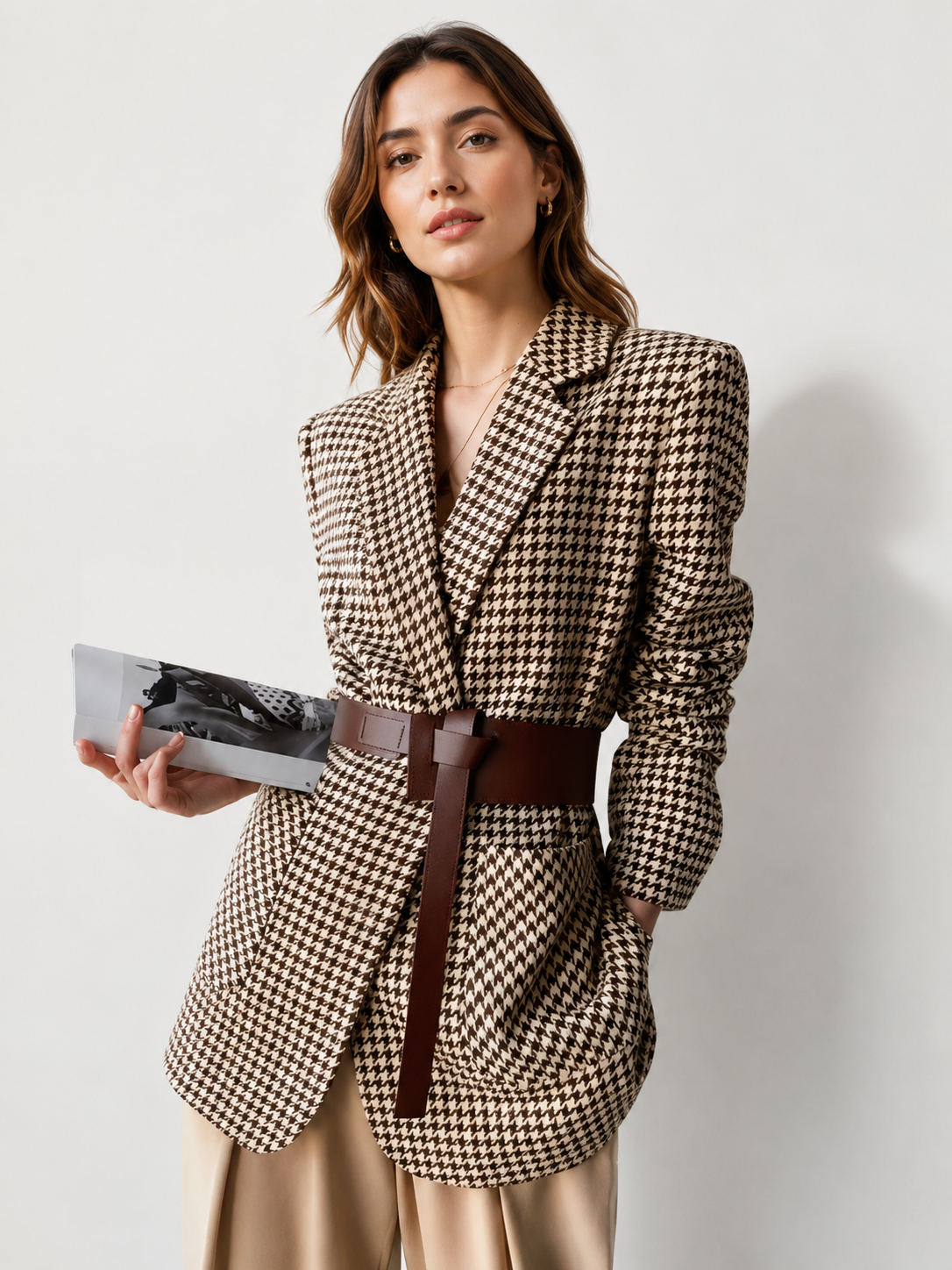 Houndstooth Split Blazer With Belt - Women's Fashionable Office Outerwear