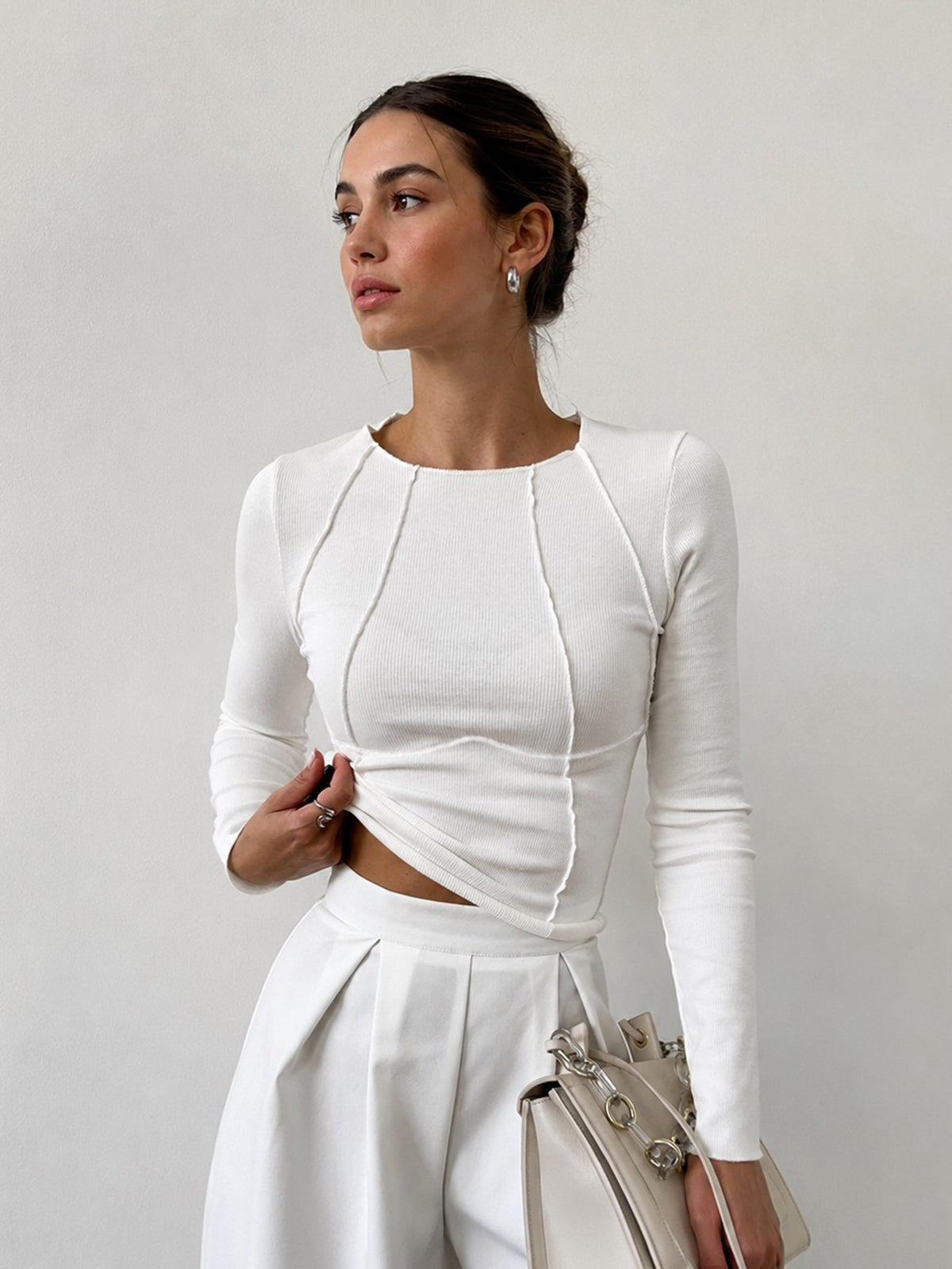 Basic Piping Long Sleeve Top – Women’s Slim Fit Contrast Trim Casual Top