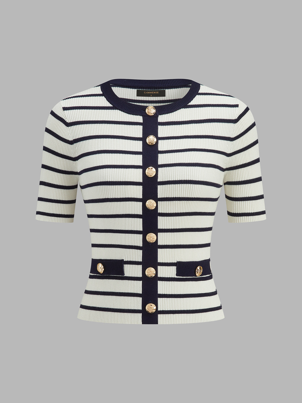Striped Metal Button Short Sleeve Ribbed Knit Top Women’s Casual Fashion