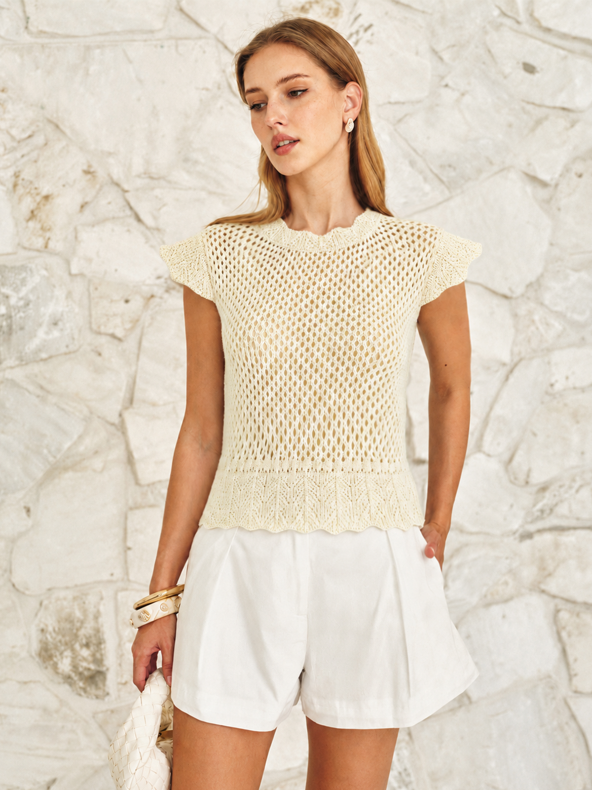 Hollow Crochet Cap Sleeve Knit Top Lightweight Summer Fashion