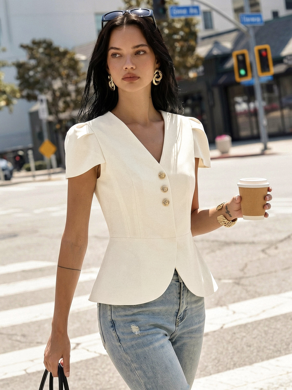 Puff Sleeve Peplum Metal Button Elegant Blouse for Women