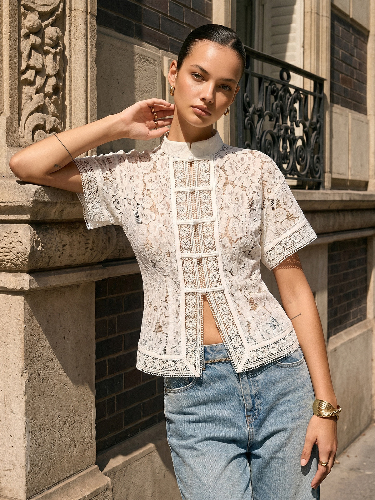 Frog Button Lace Short Sleeve Blouse Traditional Elegant Style