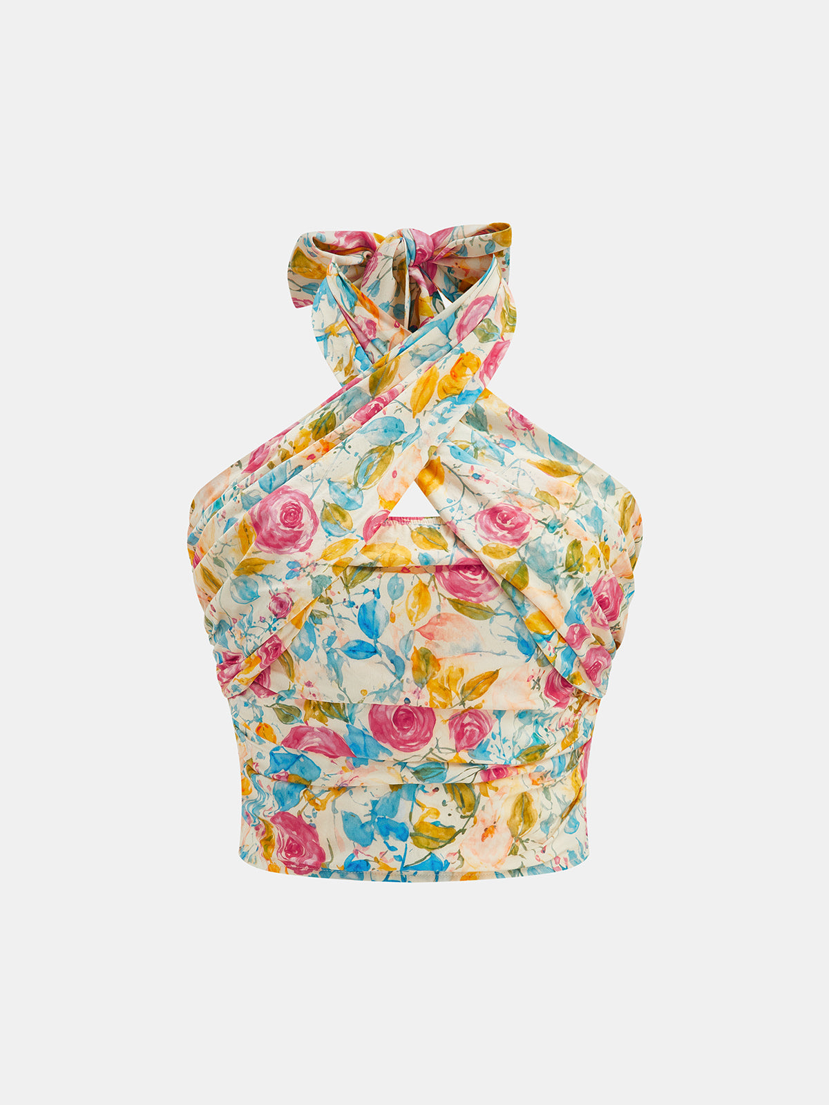 Crisscross Halter Floral Ruched Crop Top for Women Summer Casual