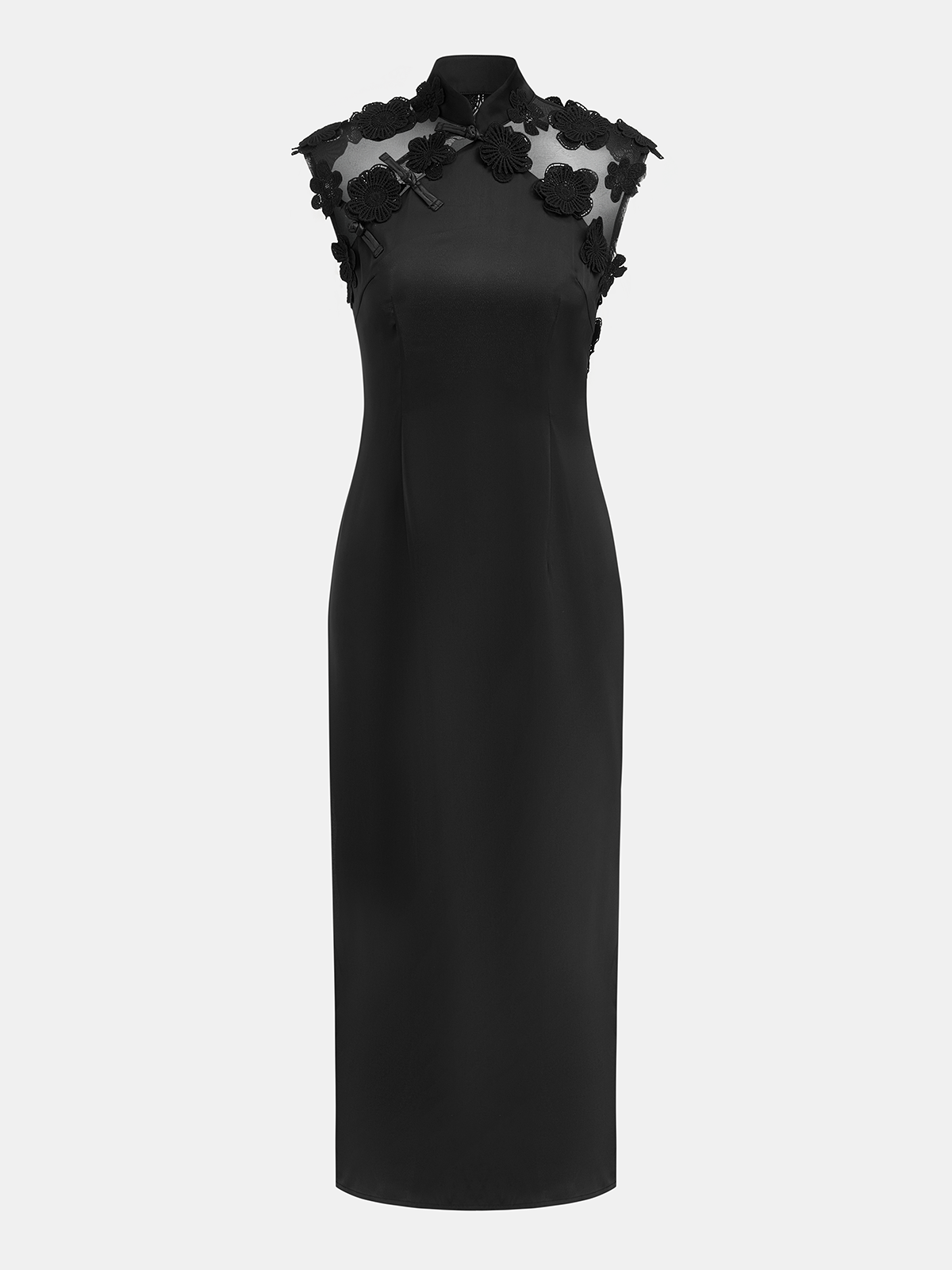 Floral Appliqué Sheer Back Mandarin Collar Maxi Dress for Special Occasions