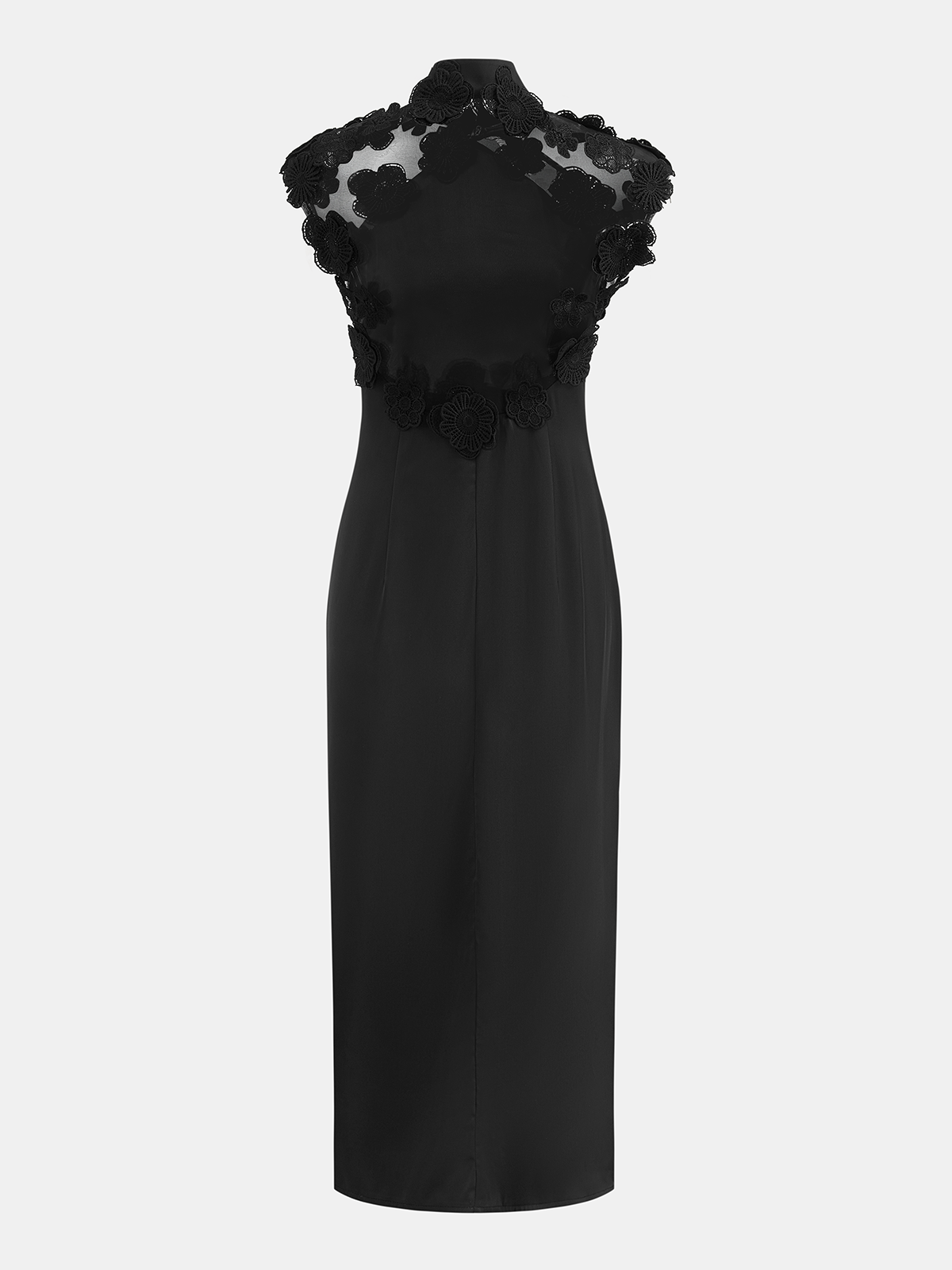 Floral Appliqué Sheer Back Mandarin Collar Maxi Dress for Special Occasions