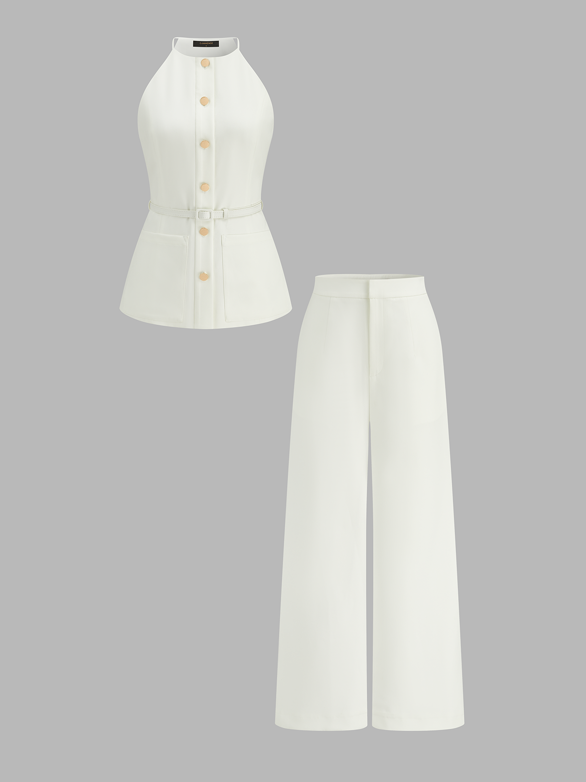 Metal Button Belted Vest & Pants Set for Casual Wear