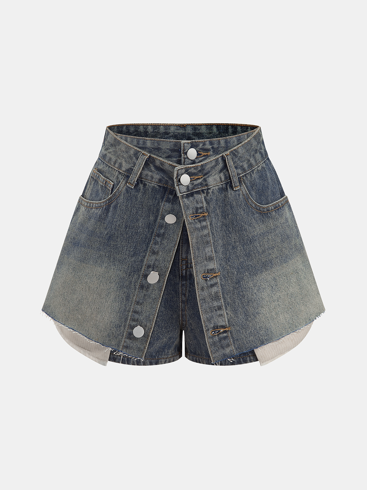 Overlay Button Front Denim Skort with High Waist Design