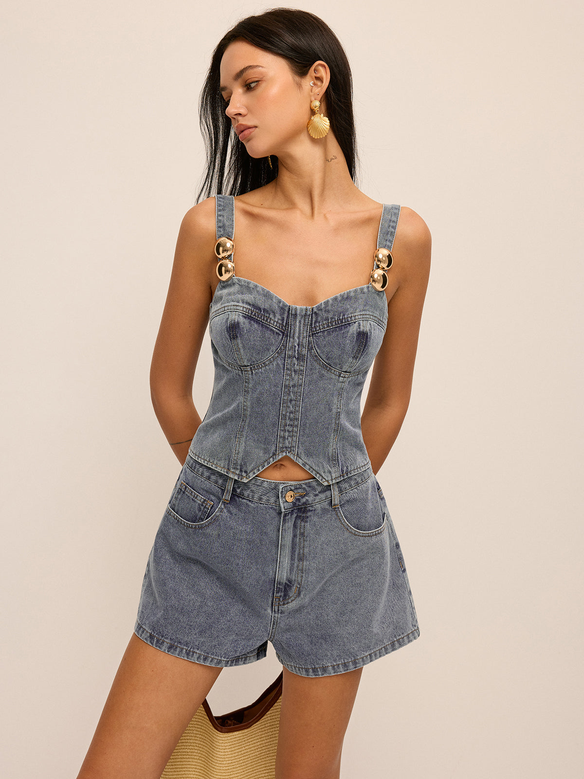 Metal Detail Denim Corset Top & Shorts Set for Women Trendy Outfit