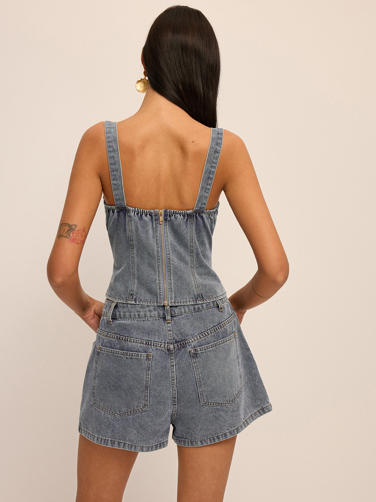 Metal Detail Denim Corset Top & Shorts Set for Women Trendy Outfit