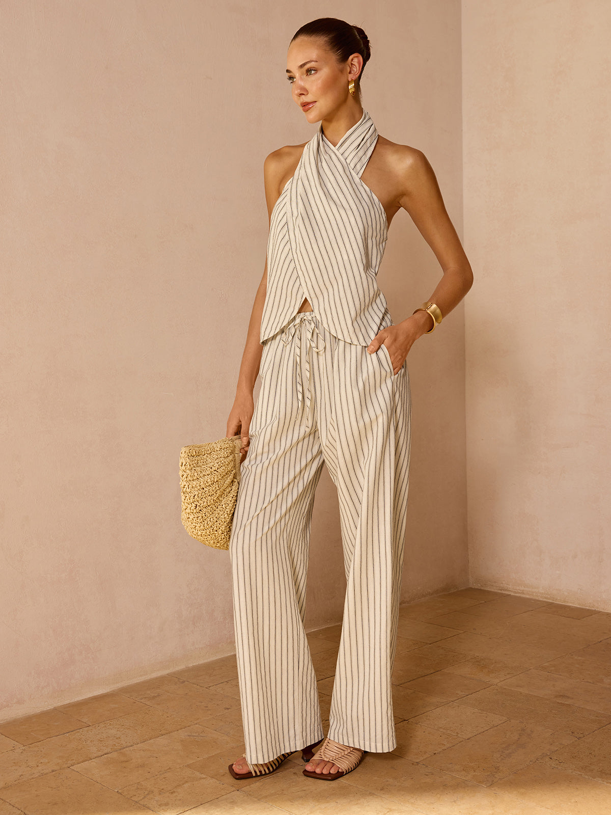 Striped Cotton Linen Halter Top & Pants Set for Women Summer Outfit