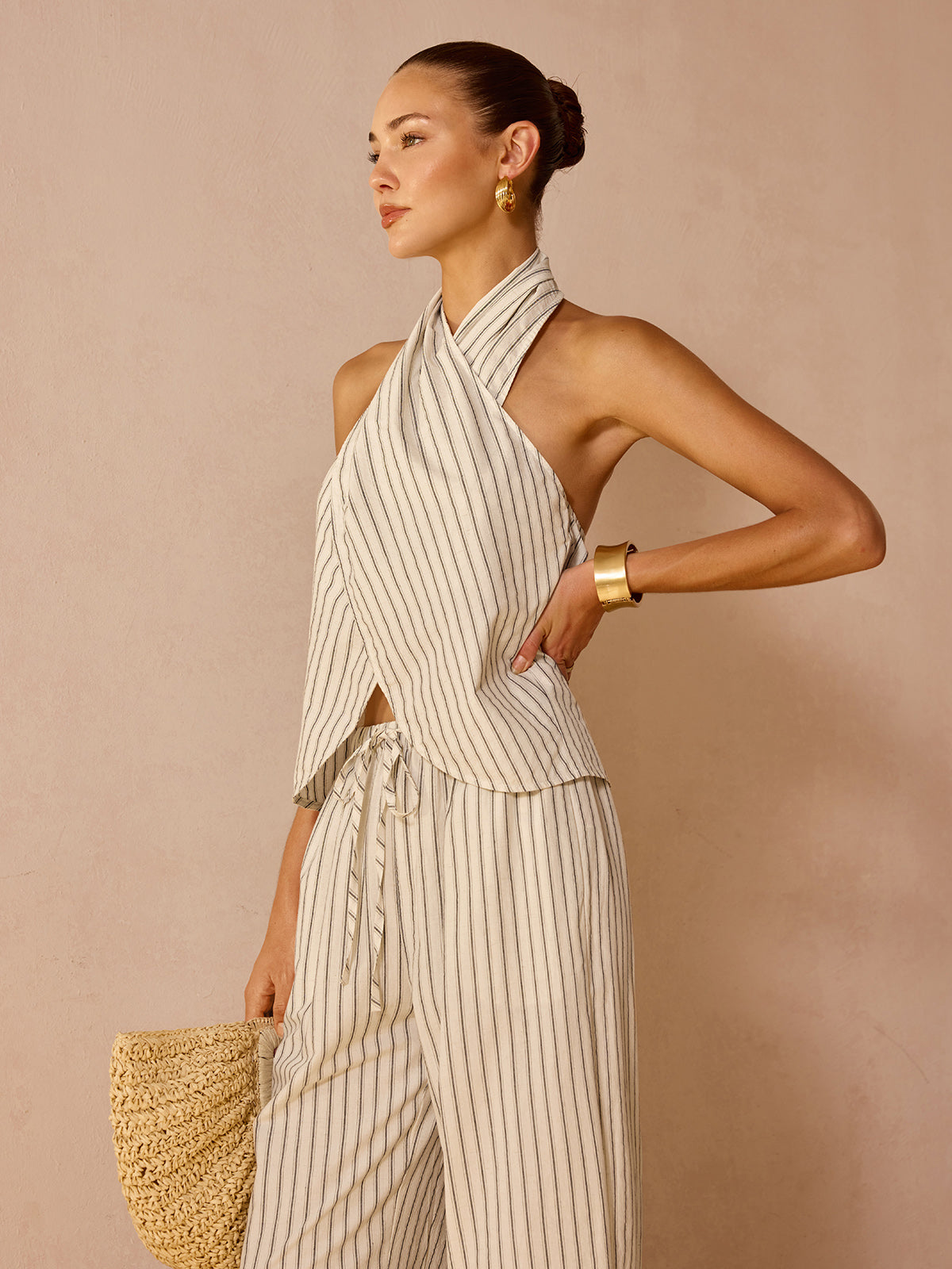 Striped Cotton Linen Halter Top & Pants Set for Women Summer Outfit