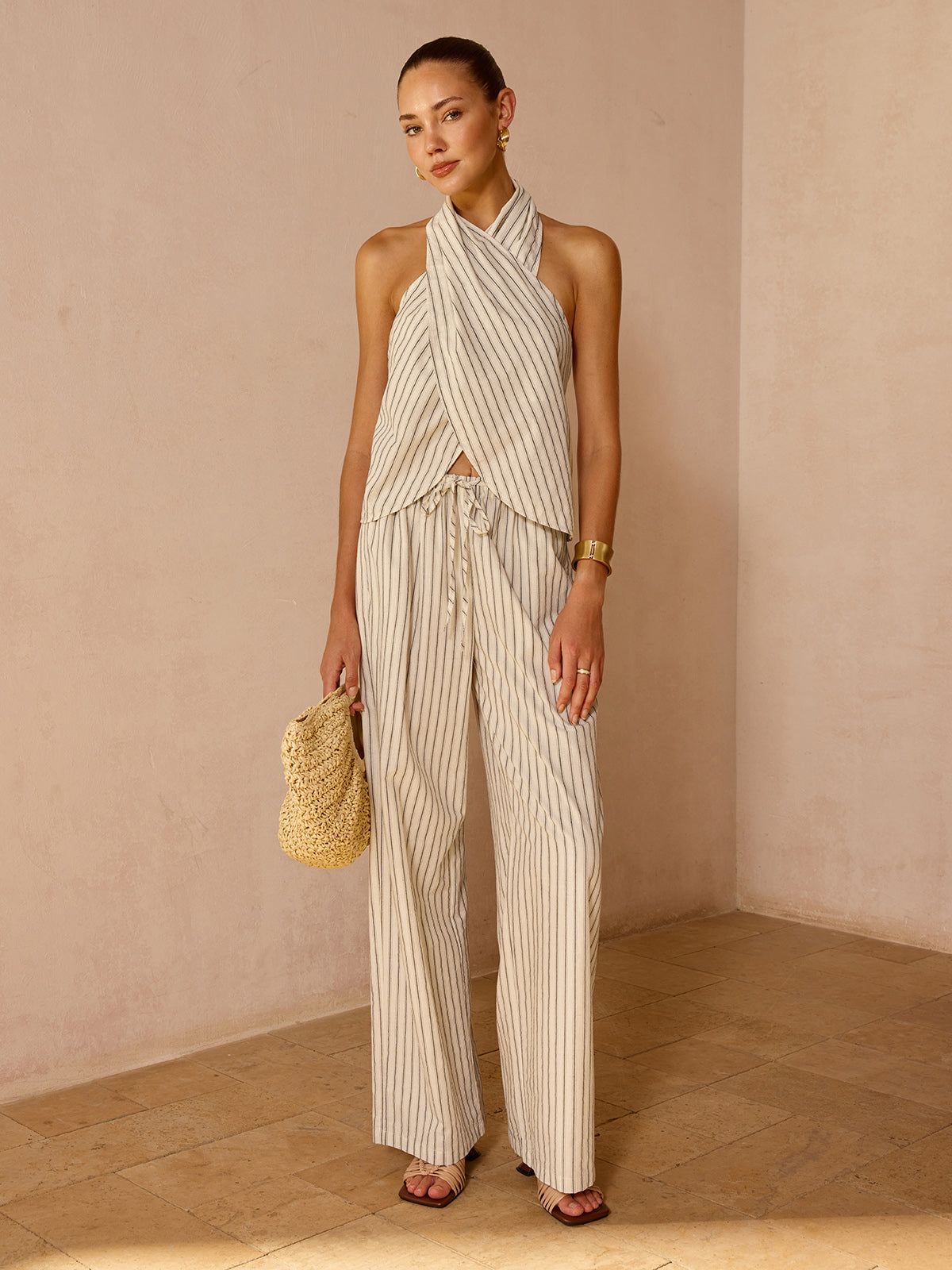 Striped Cotton Linen Halter Top & Pants Set for Women Summer Outfit