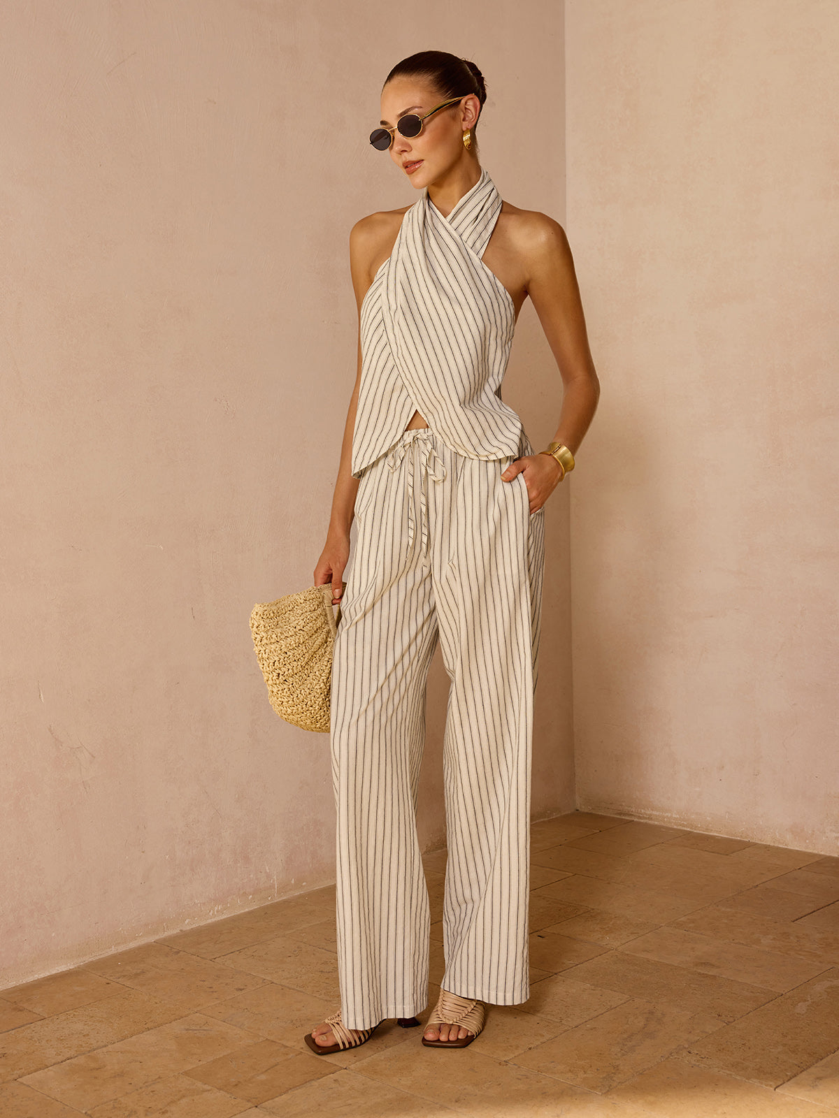 Striped Cotton Linen Halter Top & Pants Set for Women Summer Outfit