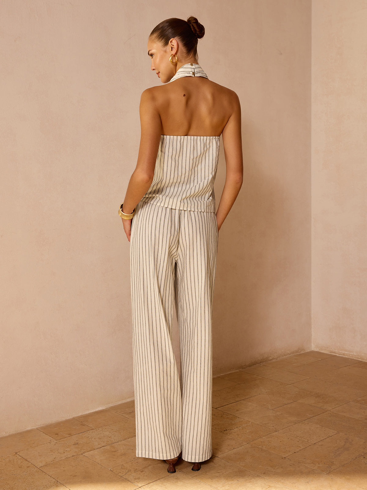 Striped Cotton Linen Halter Top & Pants Set for Women Summer Outfit