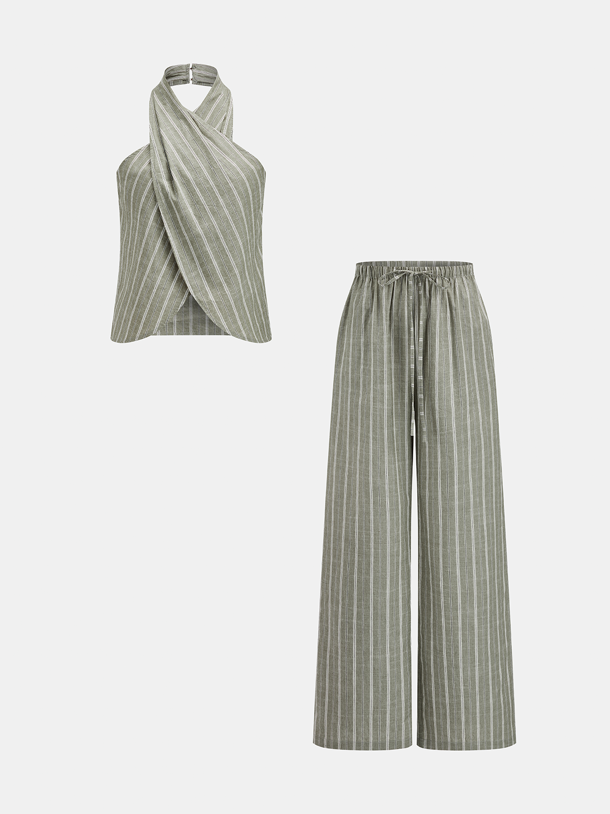 Striped Cotton Linen Halter Top & Pants Set for Women Summer Outfit