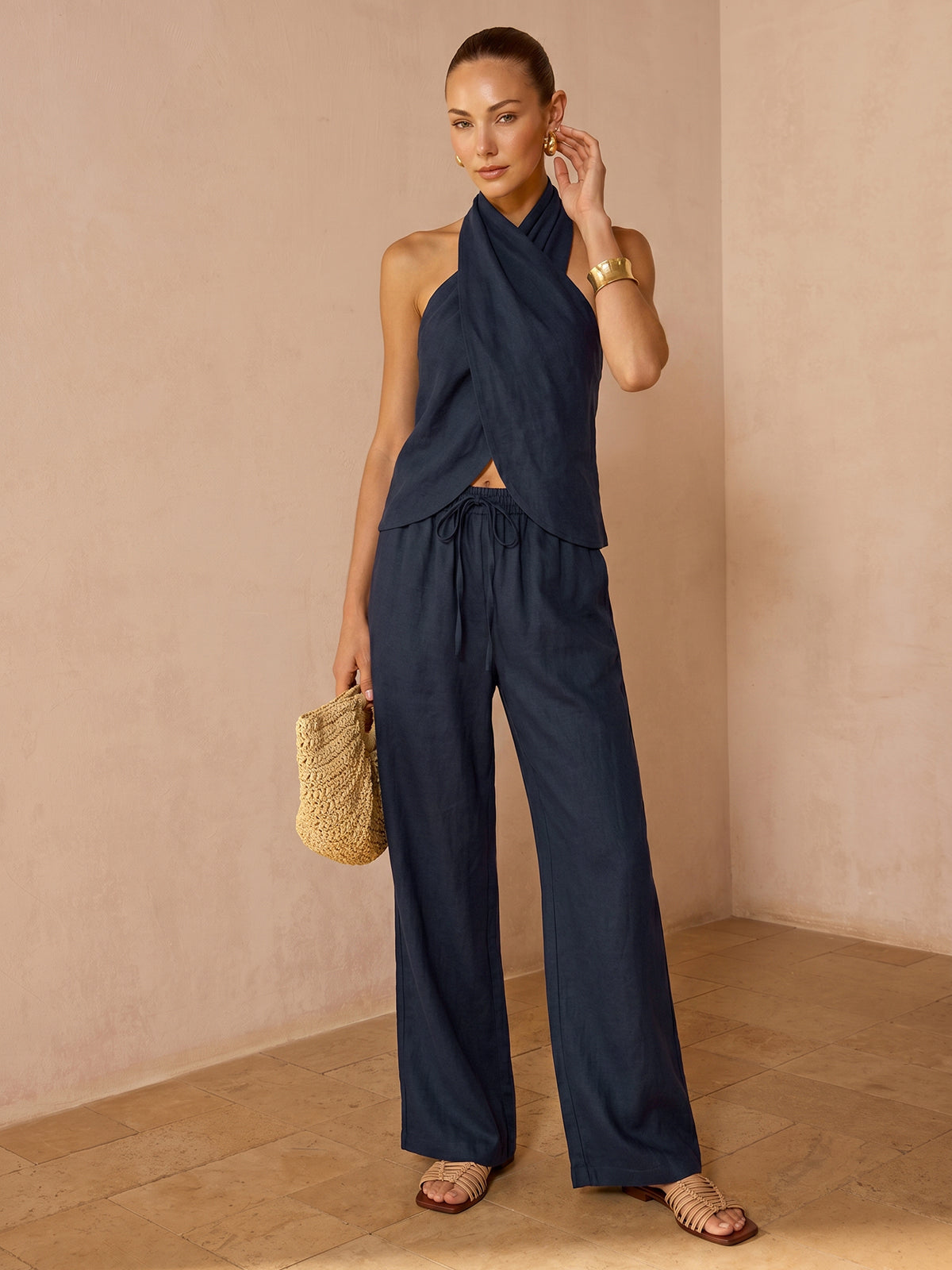 Striped Cotton Linen Halter Top & Pants Set for Women Summer Outfit