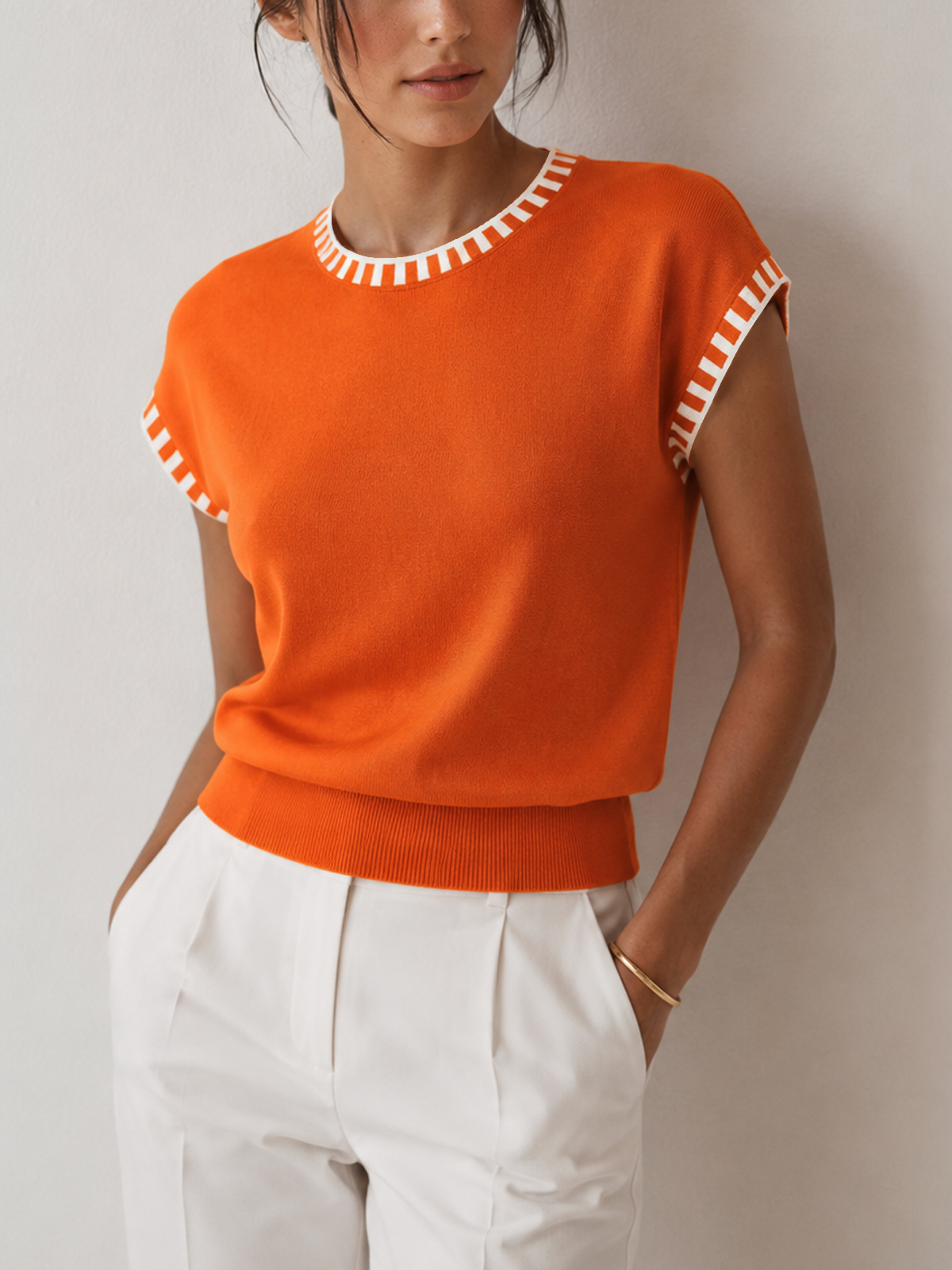 Contrast Trim Cap Sleeve Knit Top Casual Women's Everyday Wear
