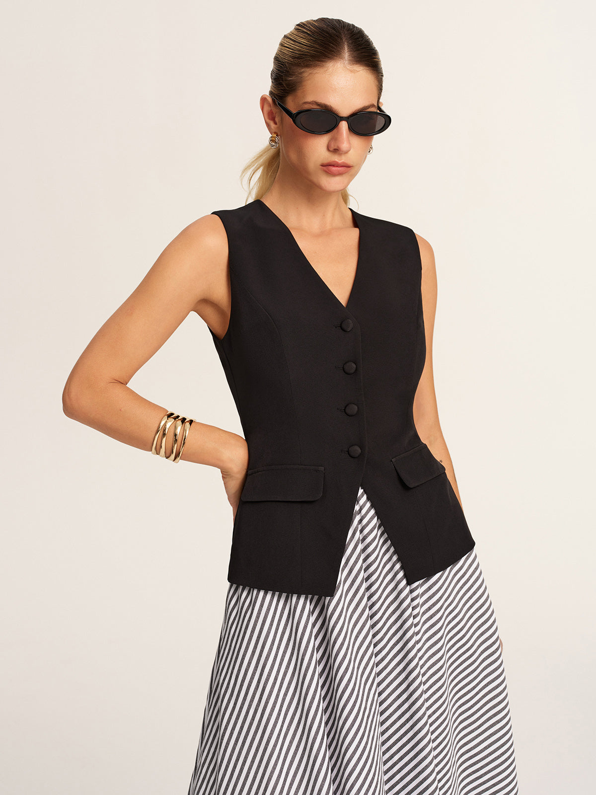 Tailored Vest & Striped Maxi Skirt Set for Women's Casual Wear