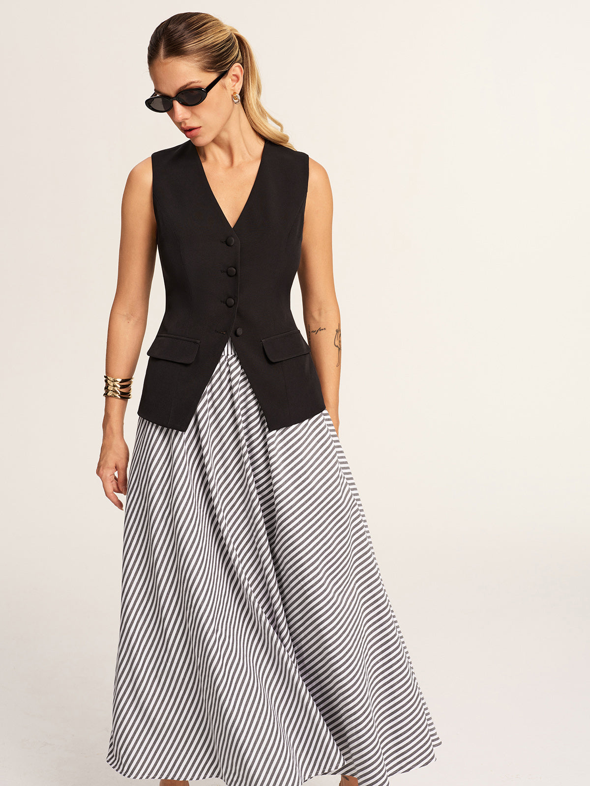 Tailored Vest & Striped Maxi Skirt Set for Women's Casual Wear