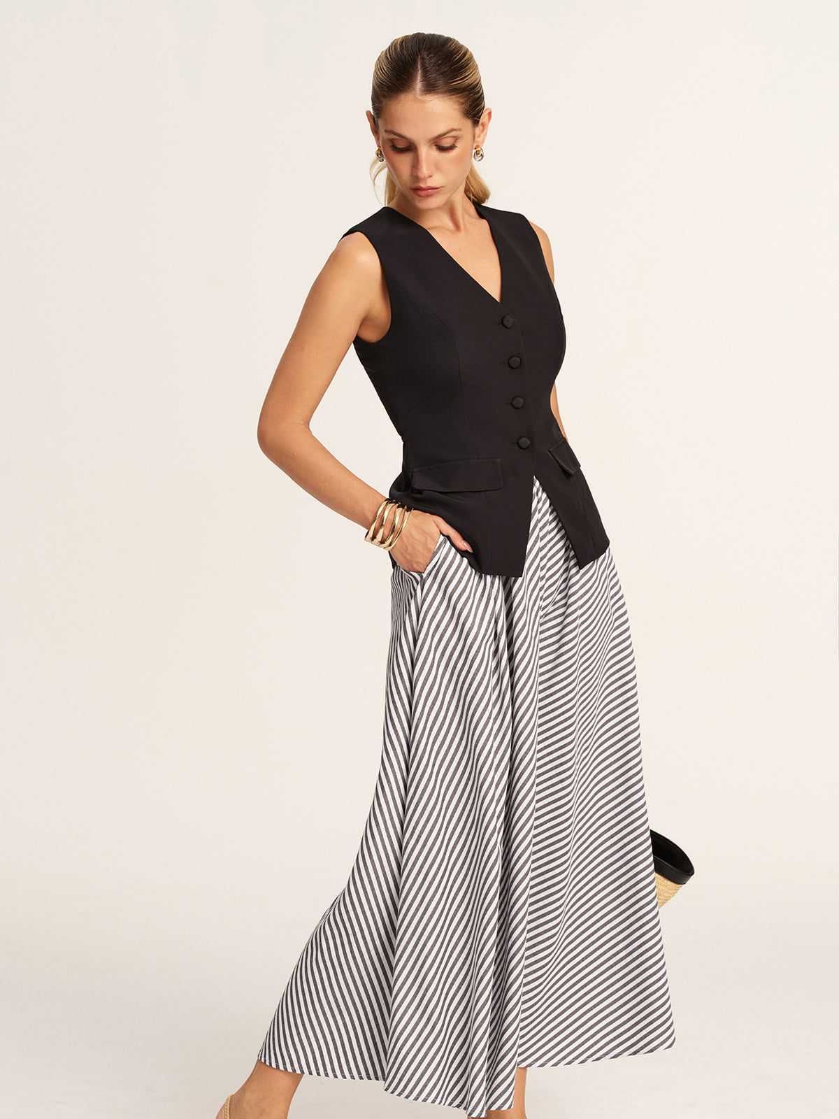Tailored Vest & Striped Maxi Skirt Set for Women's Casual Wear