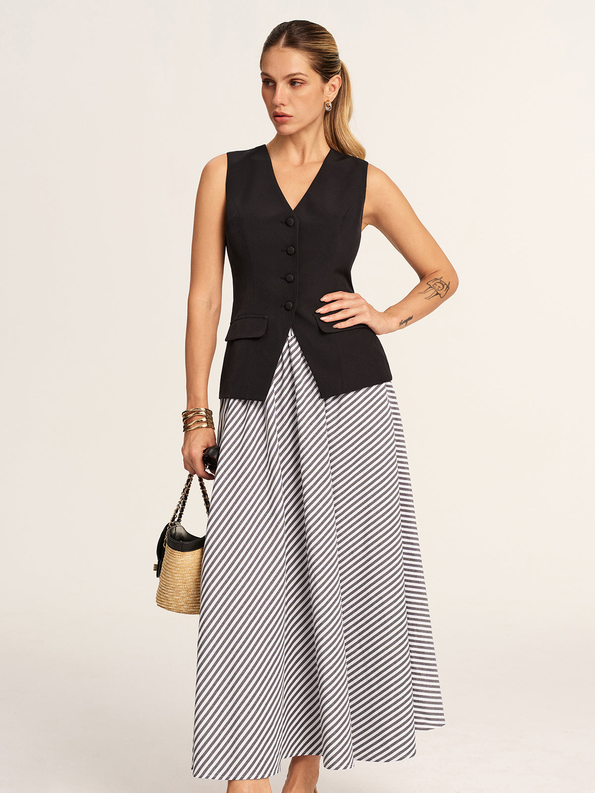 Tailored Vest & Striped Maxi Skirt Set for Women's Casual Wear