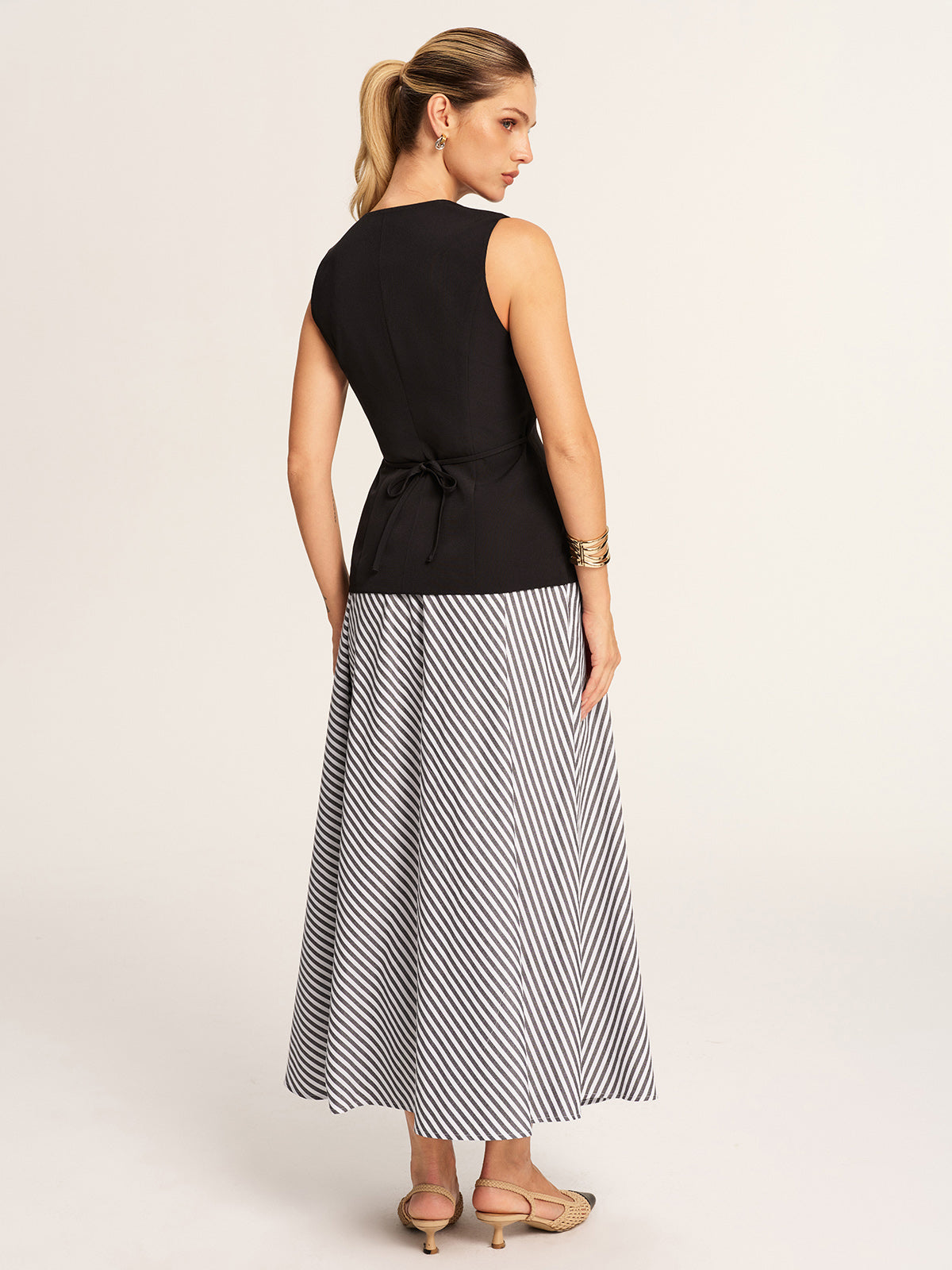 Tailored Vest & Striped Maxi Skirt Set for Women's Casual Wear