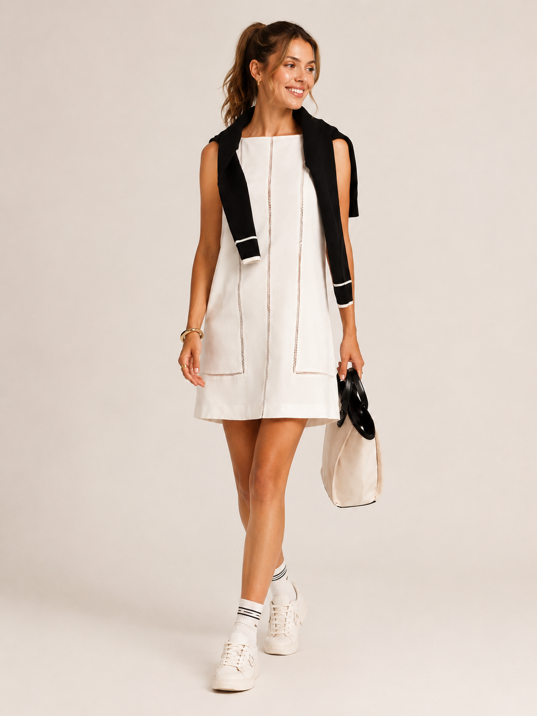 Lace Inset Sleeveless Cotton Linen Shift Dress for Summer Weddings and Casual Outings