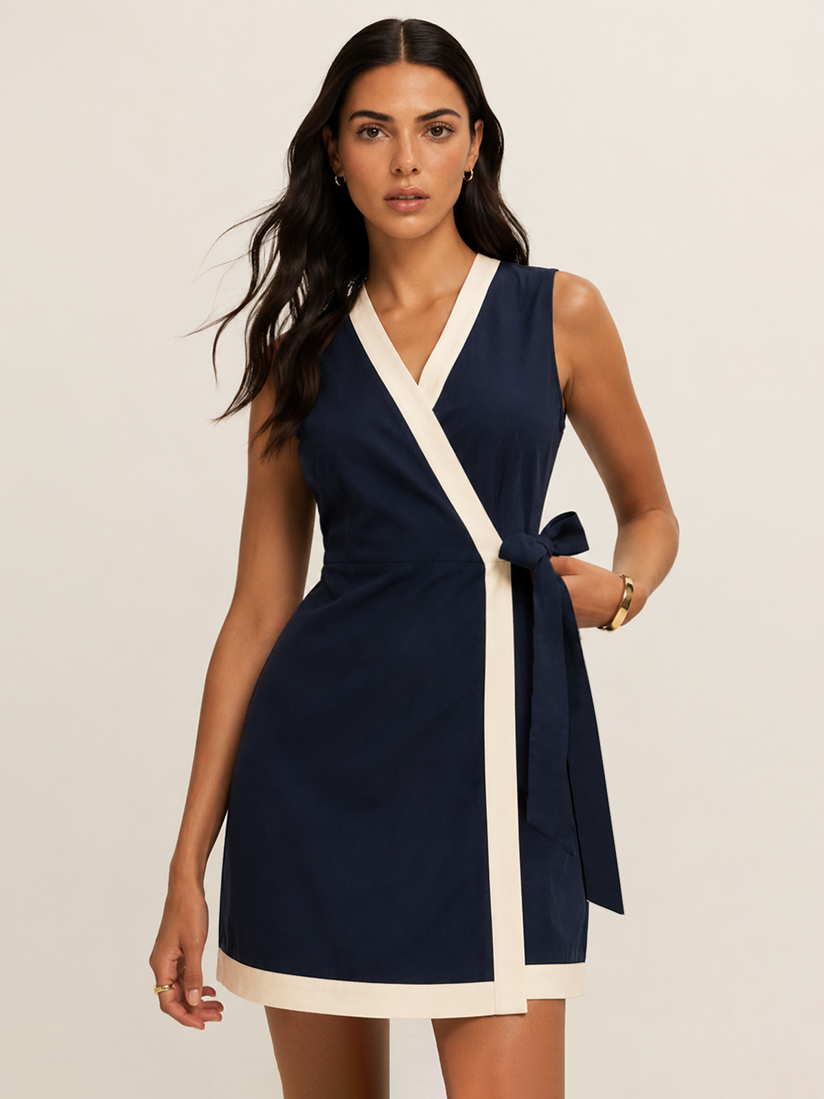 Contrast Trim Wrap Tie Sleeveless Cotton Dress with Side Pockets and V-Neckline