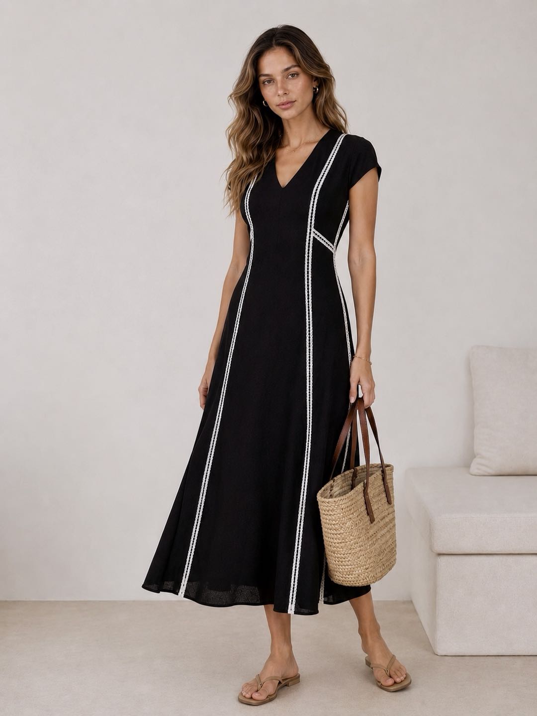 Lace Inset V-Neck Cotton Linen Midi Dress for Women Spring/Summer Collection