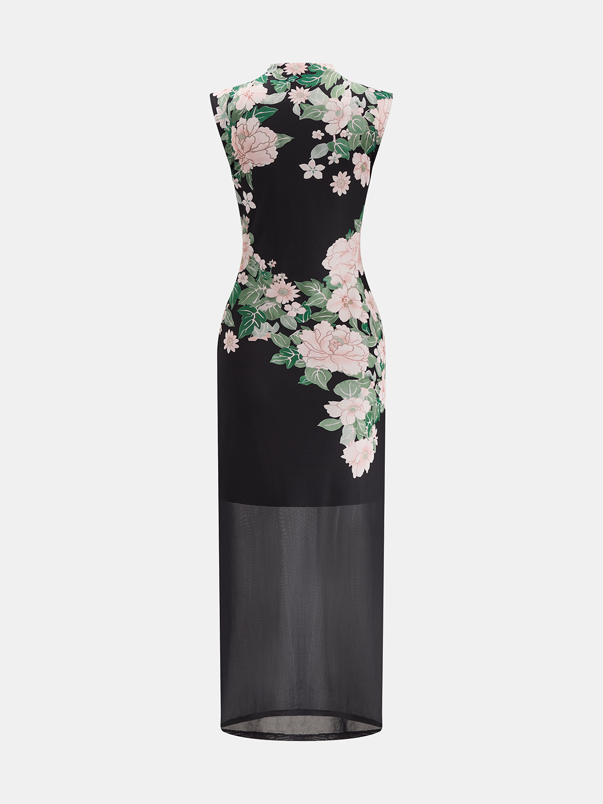 Floral Print Mandarin Collar Keyhole Dress with Puff Sleeves and Tie-Waist