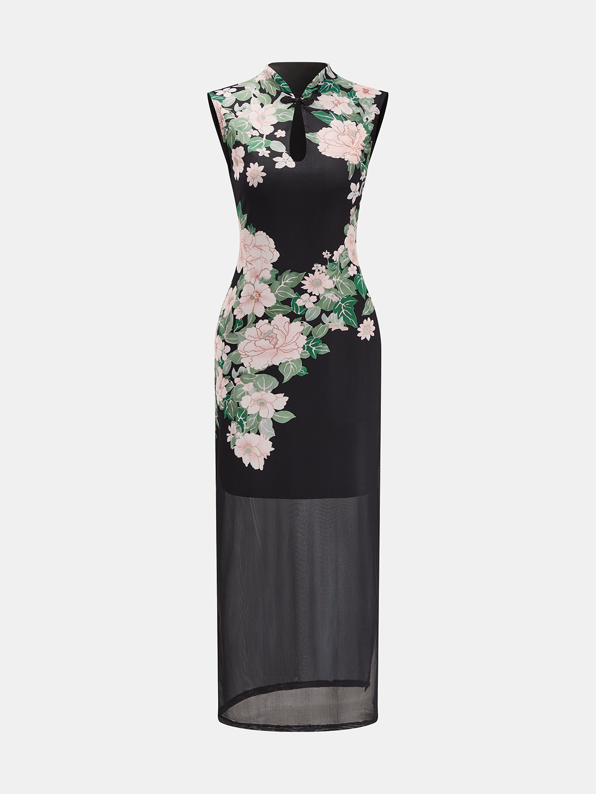 Floral Print Mandarin Collar Keyhole Dress with Puff Sleeves and Tie-Waist